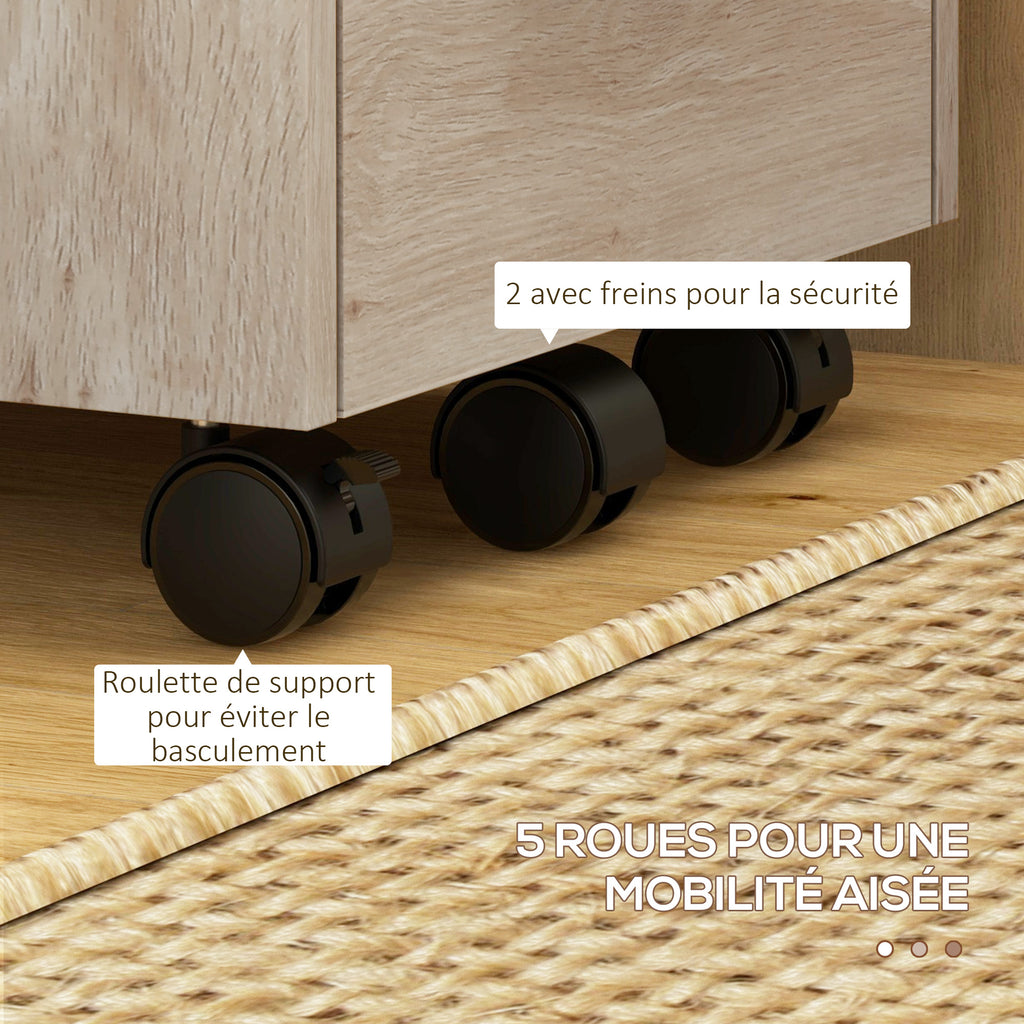 Caisson de bureau rangement bureau sur roulettes 3 tiroirs 1 verrouillable 1 trieur dossiers en bois beige-6