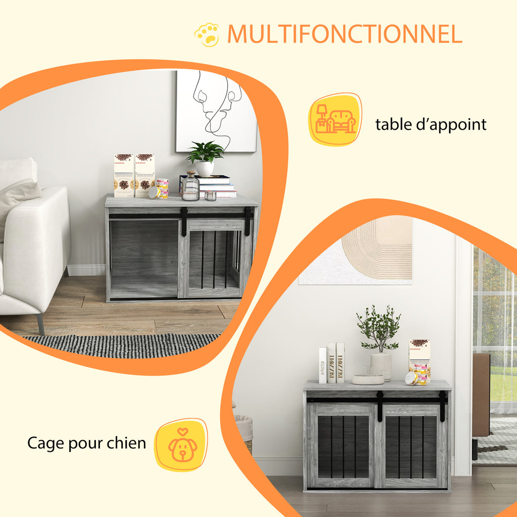 Cage caisse pour chien animaux intérieur porte coulissante, métal effet bois, dim. 57H x 80L x 54l cm-3