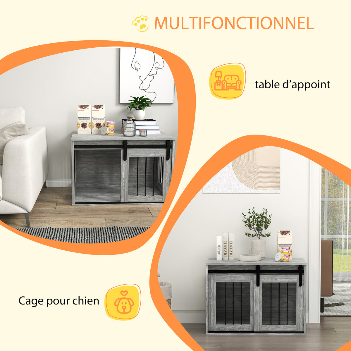 Cage caisse pour chien animaux intérieur porte coulissante, métal effet bois, dim. 57H x 80L x 54l cm-3