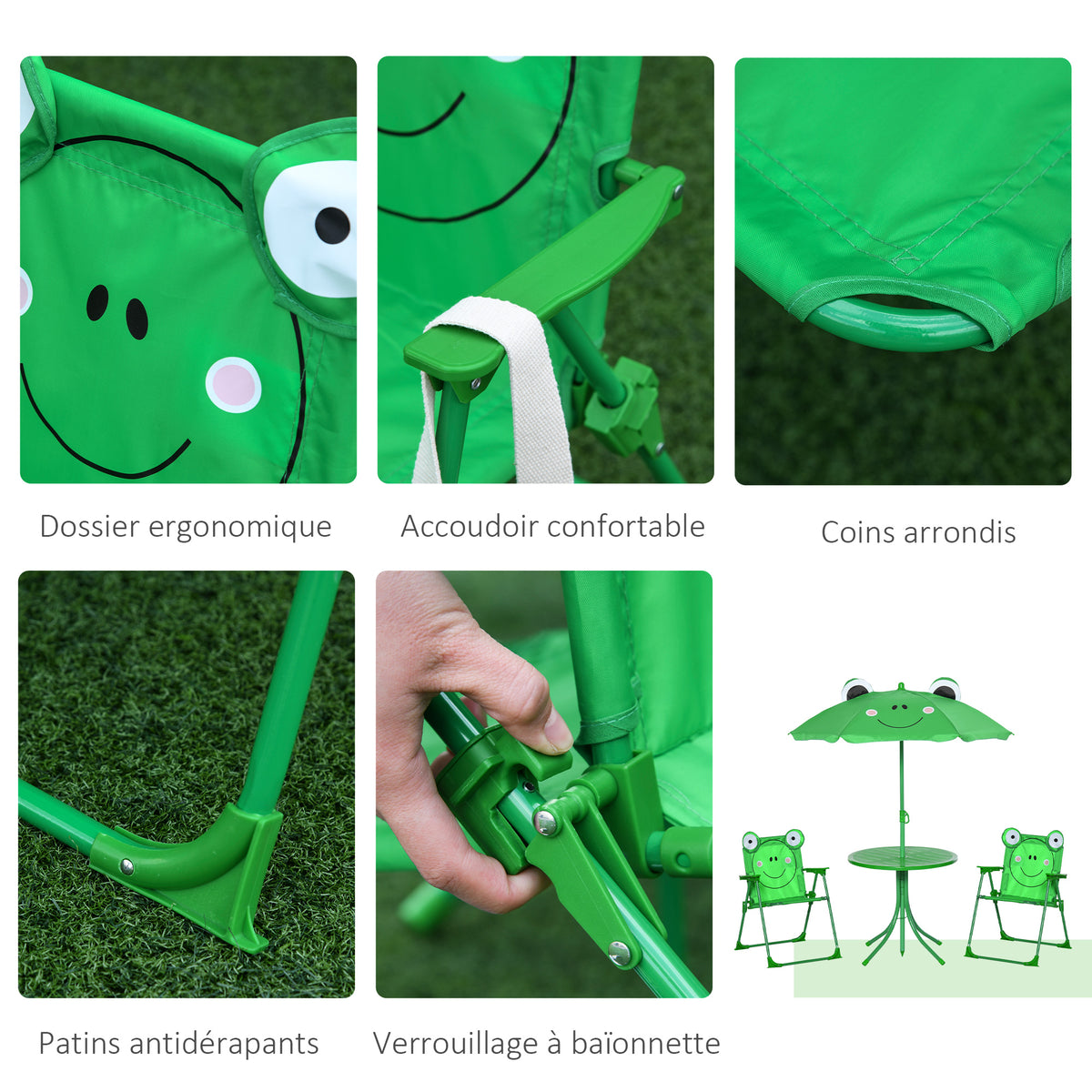 Ensemble Salon de Jardin Enfant 4 pcs Design Grenouille - Table Ronde + 2 chaises Pliables + Parasol - métal époxy Oxford Vert-6