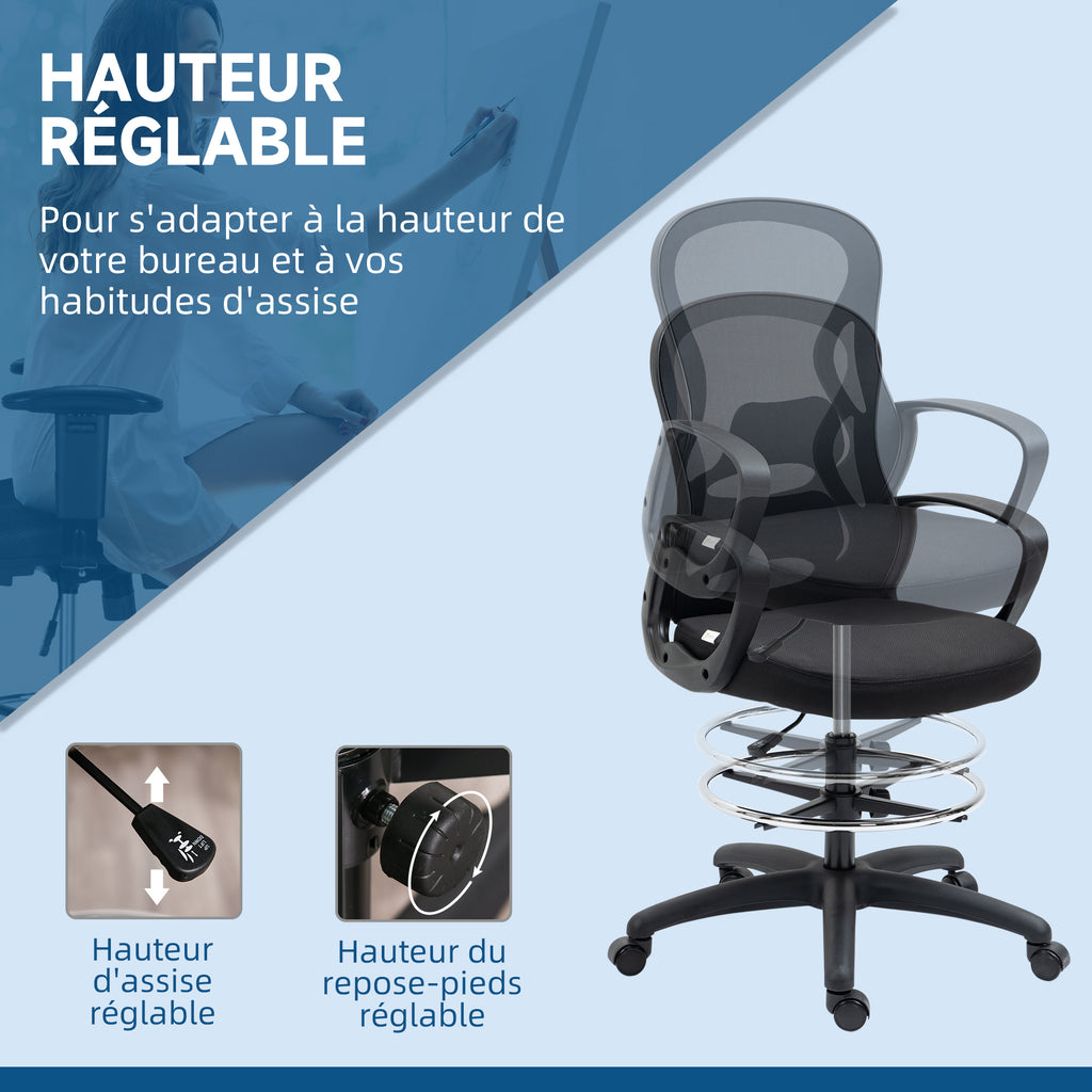 Lot de 2 fauteuils de bureau chaise de bureau assise haute réglable pivotant 360° maille respirante noir-3