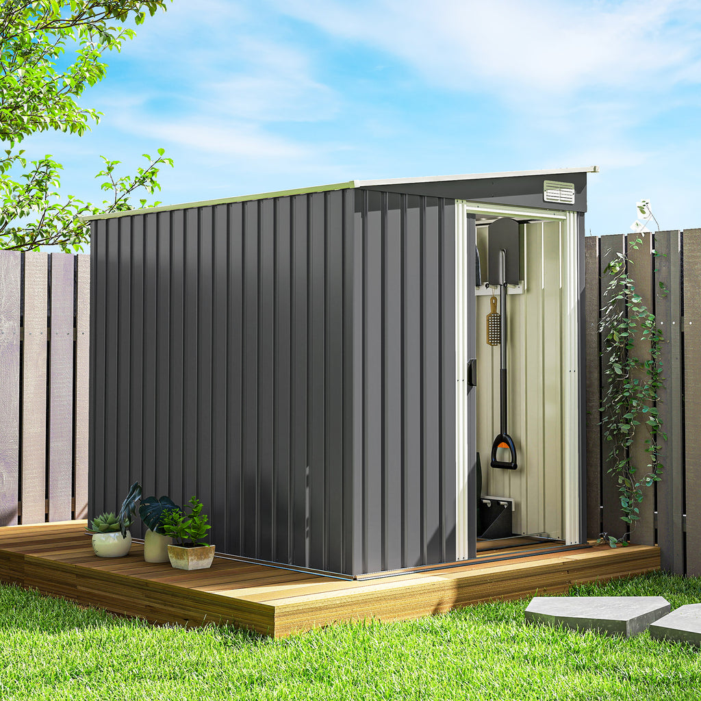 Abri de jardin 2,81 m² avec fondation, abri à outils extérieur adossé en acier galvanisé, 154x206,5x181cm, gris foncé-9