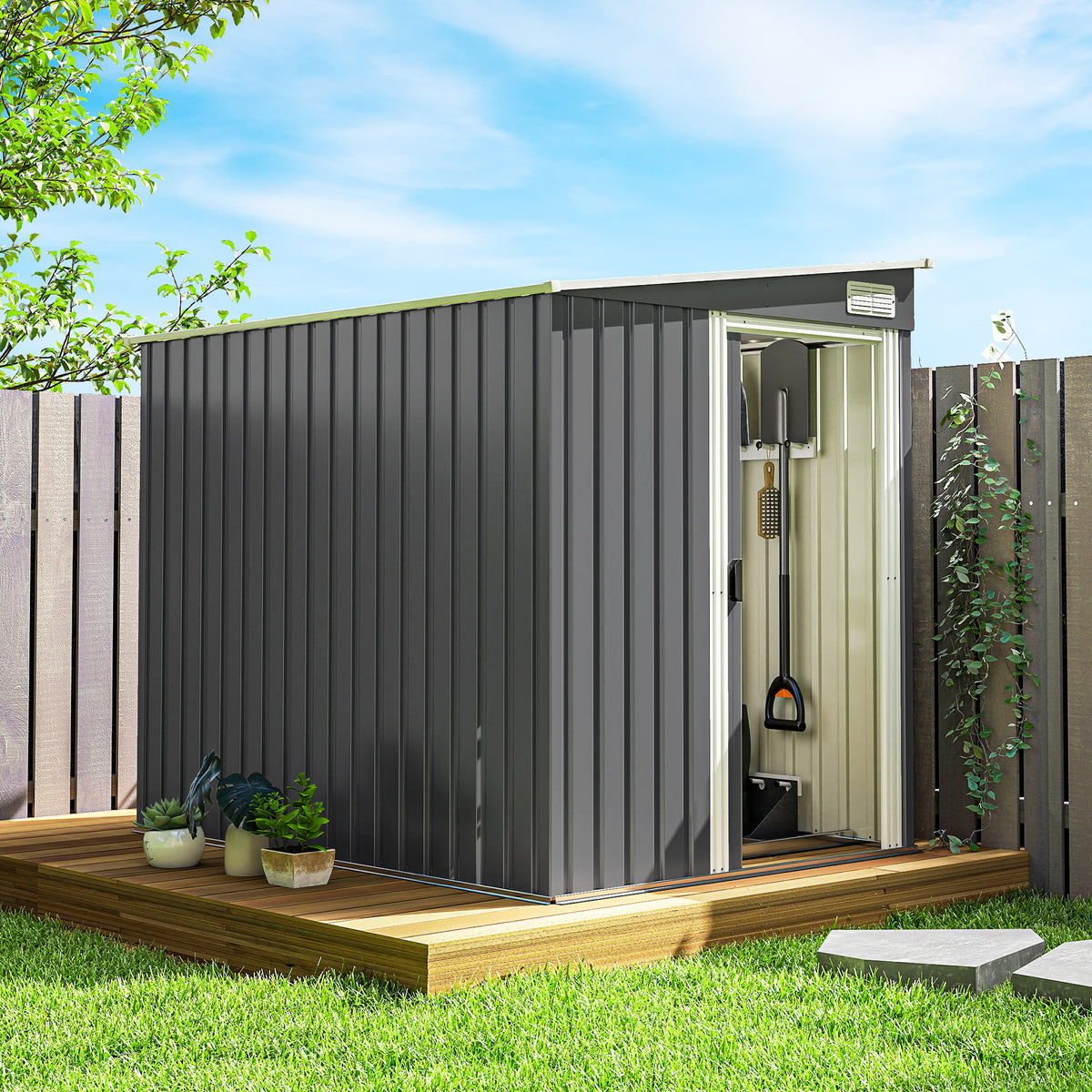 Abri de jardin 2,81 m² avec fondation, abri à outils extérieur adossé en acier galvanisé, 154x206,5x181cm, gris foncé-9