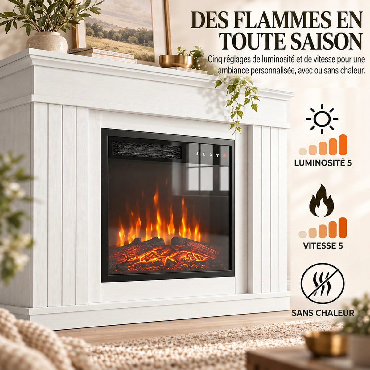 Cheminée Électrique 1800W, Effet Flamme 3D Réaliste, Fausse Cheminée Décorative, Manteau, 5 Niveaux de Luminosité, Blanc-4
