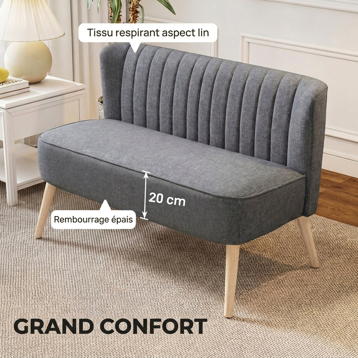 Canapé 2 Places, Canapé de Salon en Tissu Aspect Lin, Assise Rembourrée et Pieds en Bois d'Hévéa, 117x56,5x77cm, Gris-3