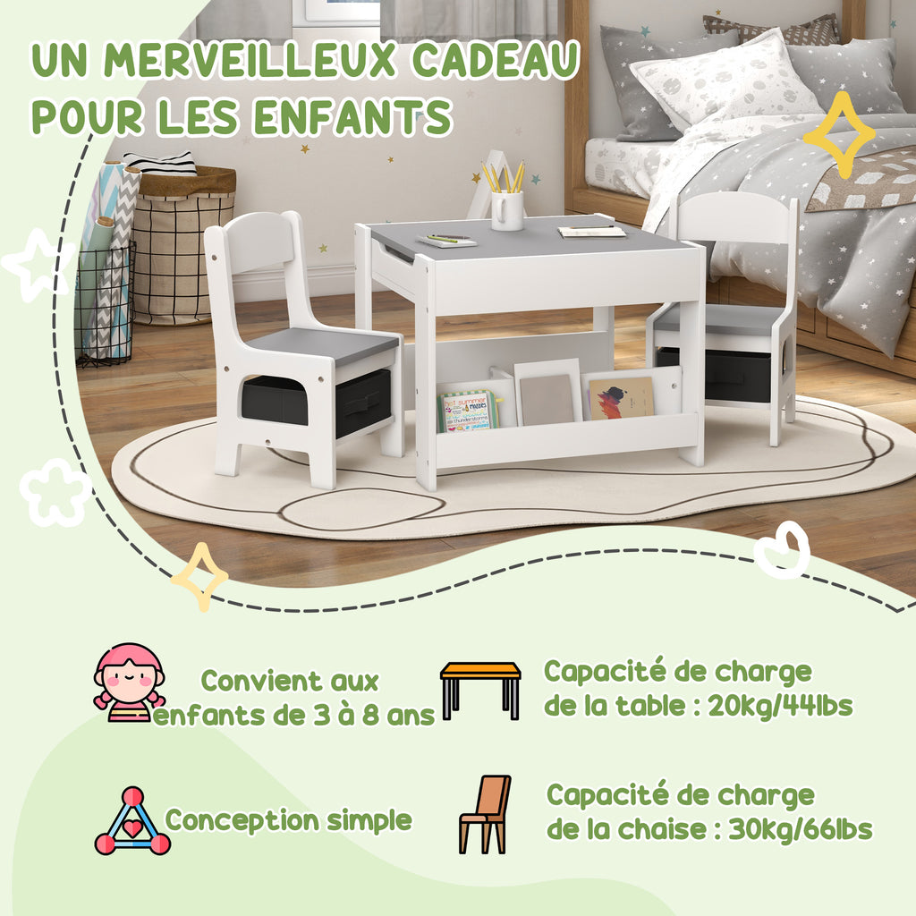 Ensemble 3 pièces table et 2 chaises pour enfant avec plateau réversible tableau noir, panier de rangement, étagères-4