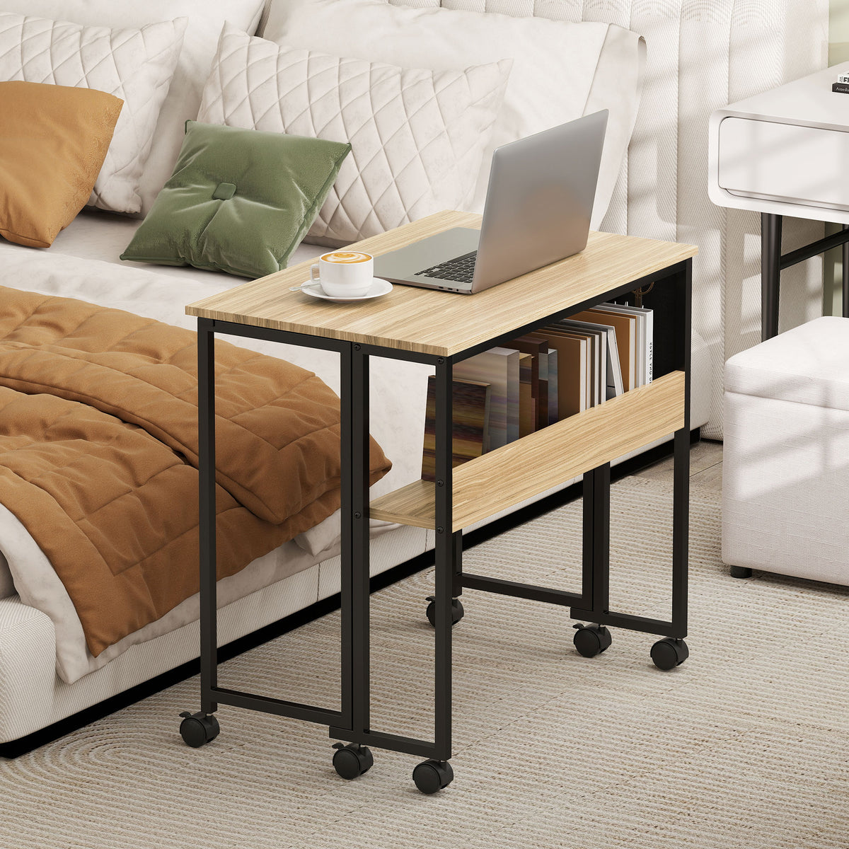 Bureau pliable sur roulettes 80 x 50 cm avec étagère et sac de rangement, chêne-8