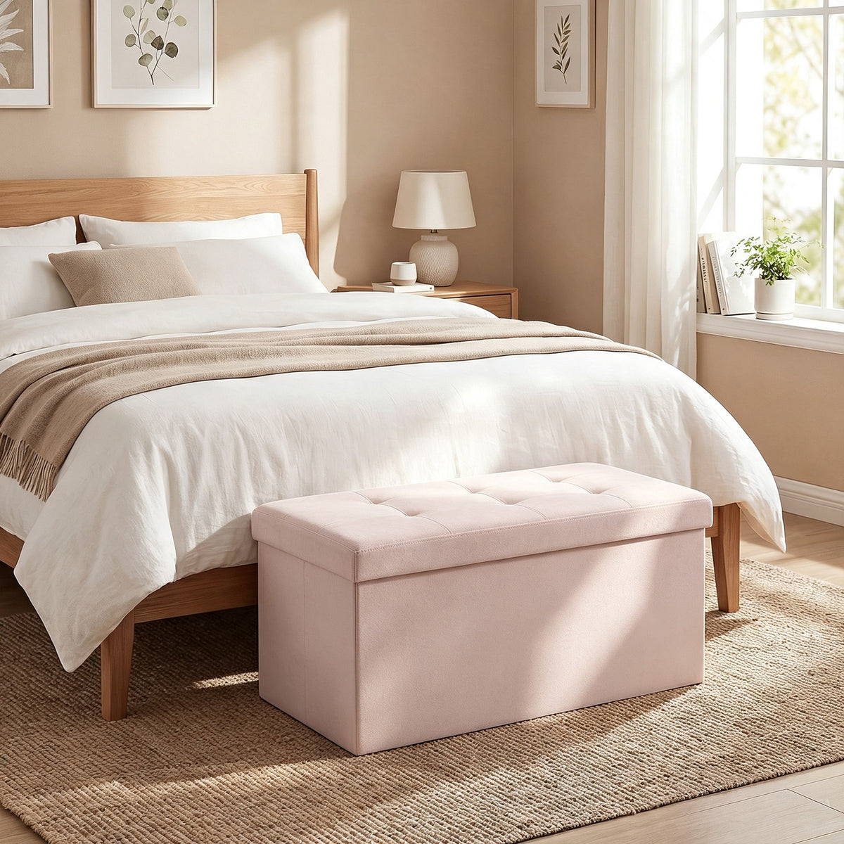 Banc de Rangement, Pouf de Rangement Pliable, Bout de Lit, Repose-Pieds avec Couvercle, 76L x 38l x 38H cm, Rose-1