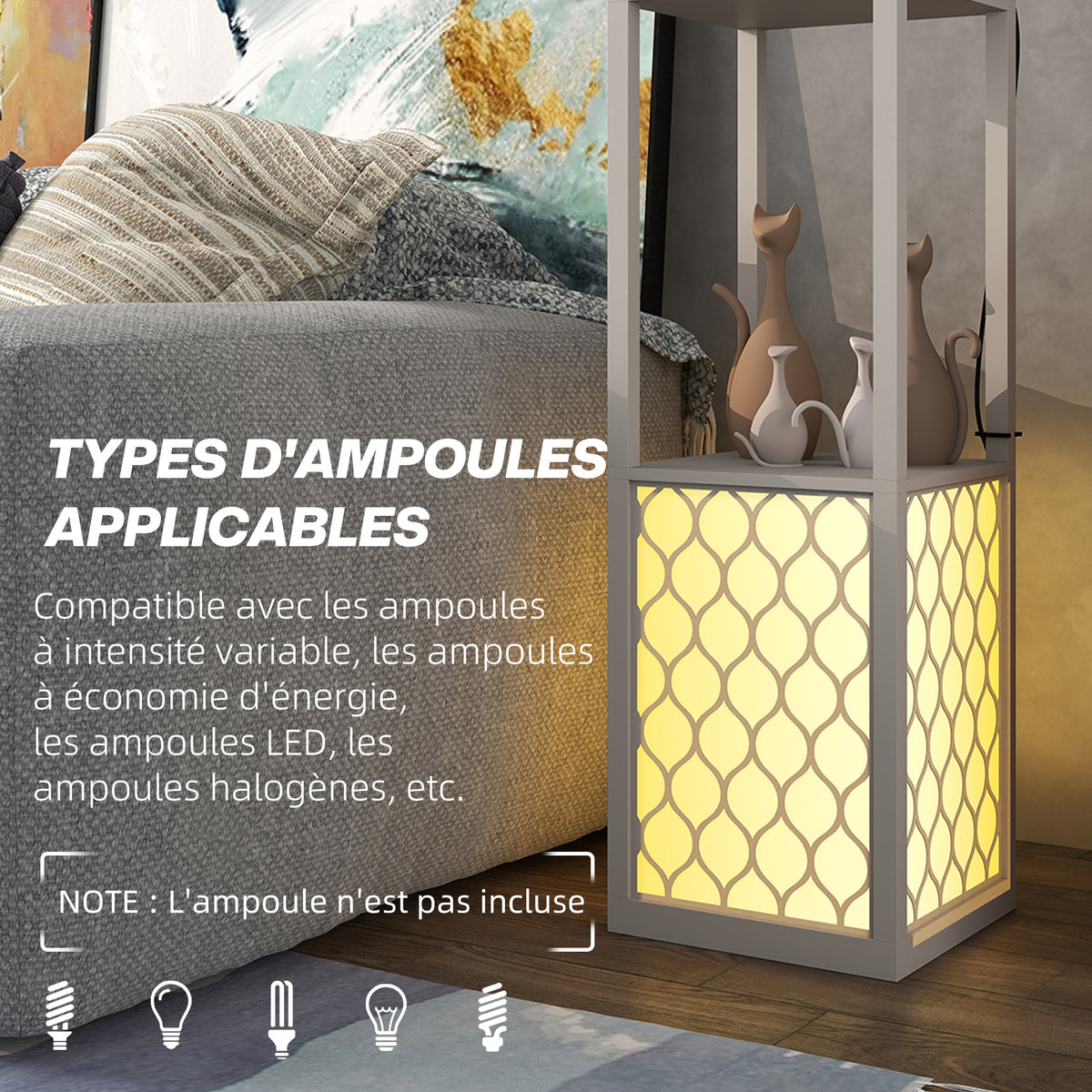 Lampadaire étagère 2 lampes 2 étagères 4 niveaux MDF gris motif nid d'abeille 26 x 26 x 156 cm gris-6