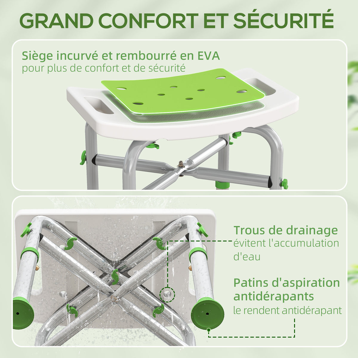 Tabouret de douche chaise de douche - assise rembourré et réglable, patins à ventouses antidérapants, en aluminium vert-3