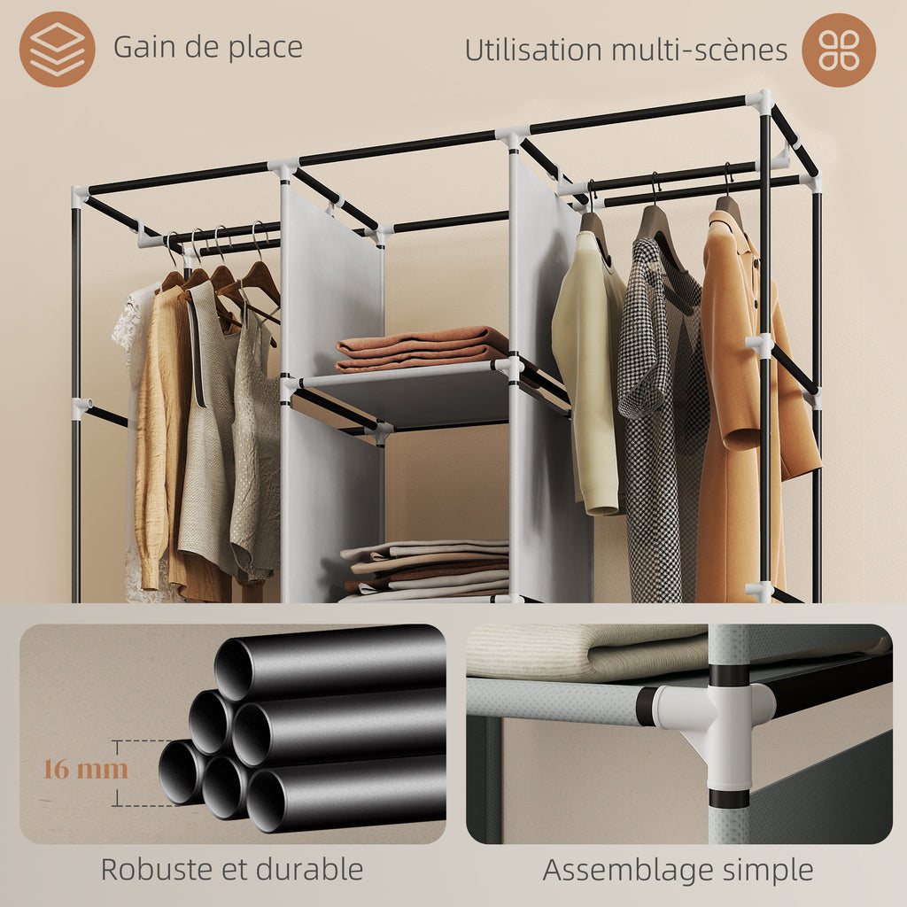 Armoire penderie multi-rangement - 8 étagères, 2 barres - non tissé gris-5