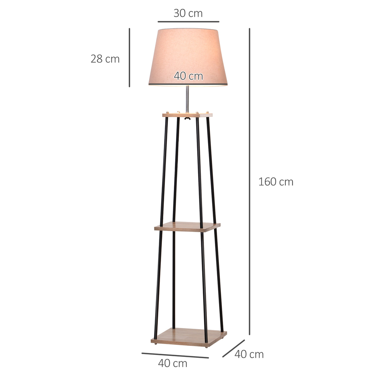 Lampadaire design contemporain dim. 40L x 40l x 160H cm 40 W max. 3 étagères intégrées bois massif pin métal noir lin beige-2