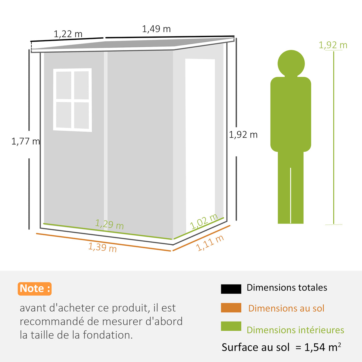 Abri de jardin 1,54 m² pour outils porte verrouillable, aération et fenêtre dim. 122L x 149l x 192/177H cm, gris-2