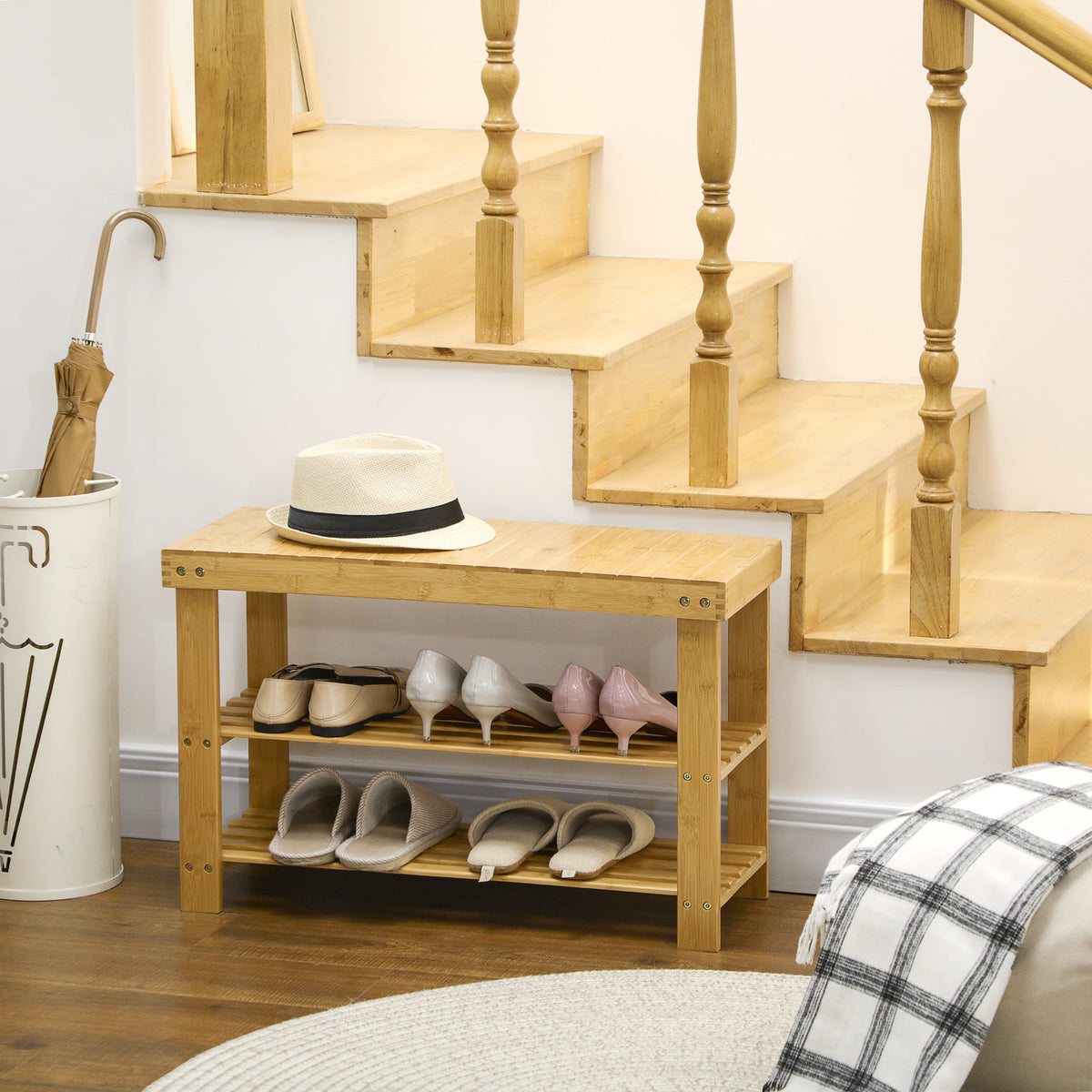 Banc avec meuble à chaussures étagères en bambou dim. 70L x 28l x 45H cm bois naturel-1