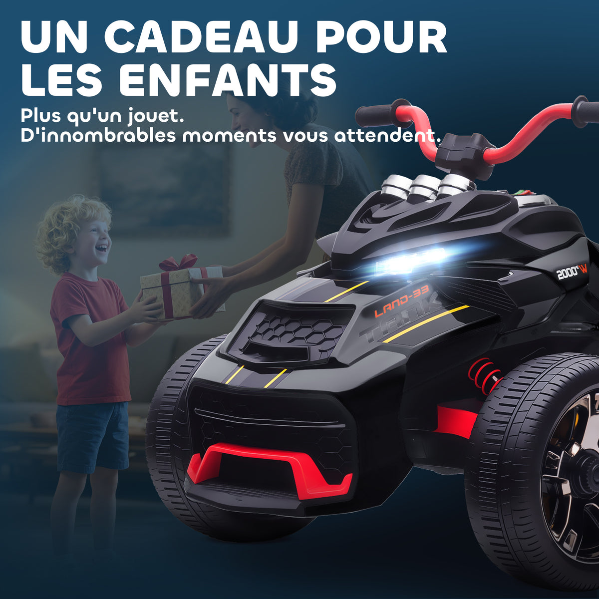 Quad électrique enfants voiture électrique enfants 12V 3 roues 2 moteurs lecteur MP3, klaxon, 2 vitesses 3-5 km/h noir-8