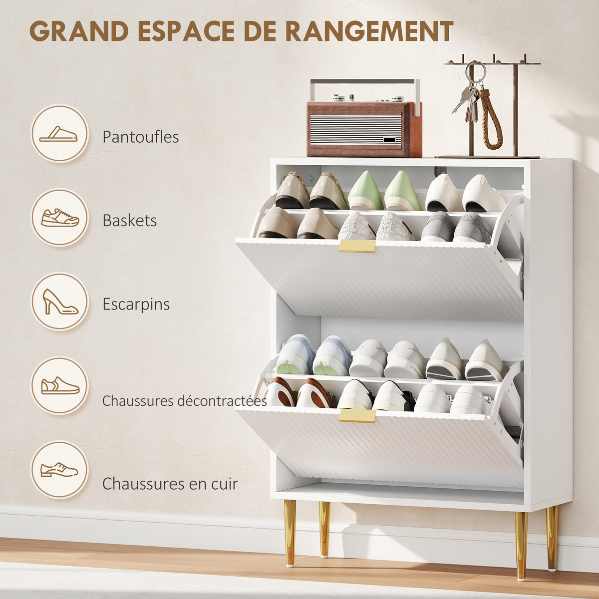 Meuble à chaussures 12 paires avec 2 tiroirs rabattables, portes cannelées et étagères réglables, 60x24x91,5cm, blanc-4