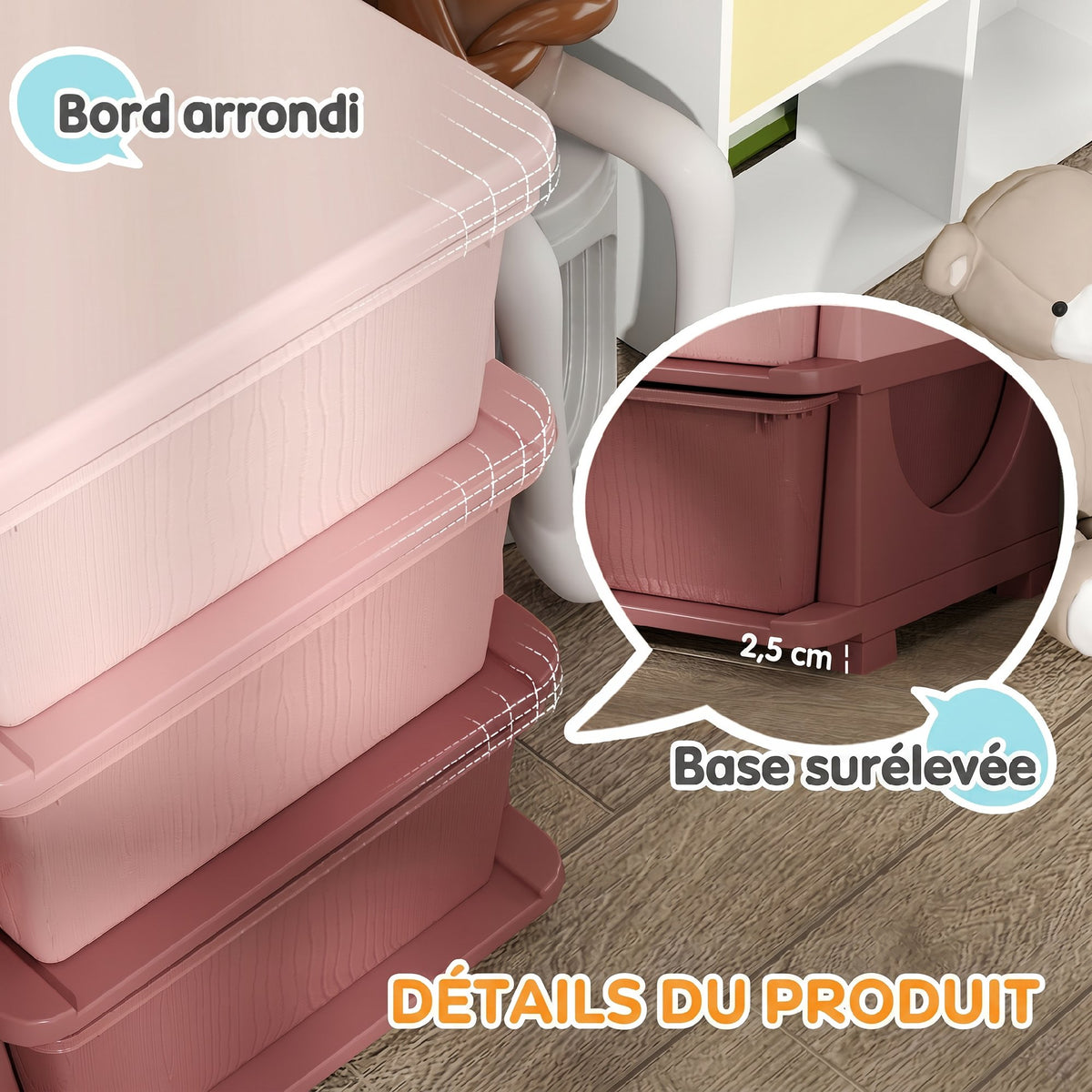 Organisateur de jouets pour enfants avec tiroirs à 3 niveaux, boîtes de rangement en plastique, 37 x 37 x 56,5 cm, rose-4