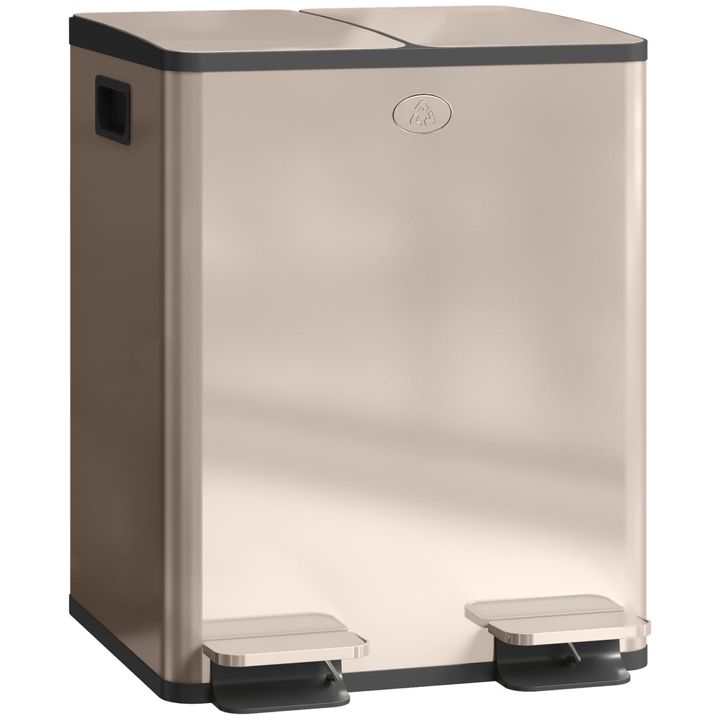 Poubelle de cuisine 2 compartiments de 2 x 20L, acier inoxydable, couvercle à fermeture douce, 45,8x36x51,6cm, or-0