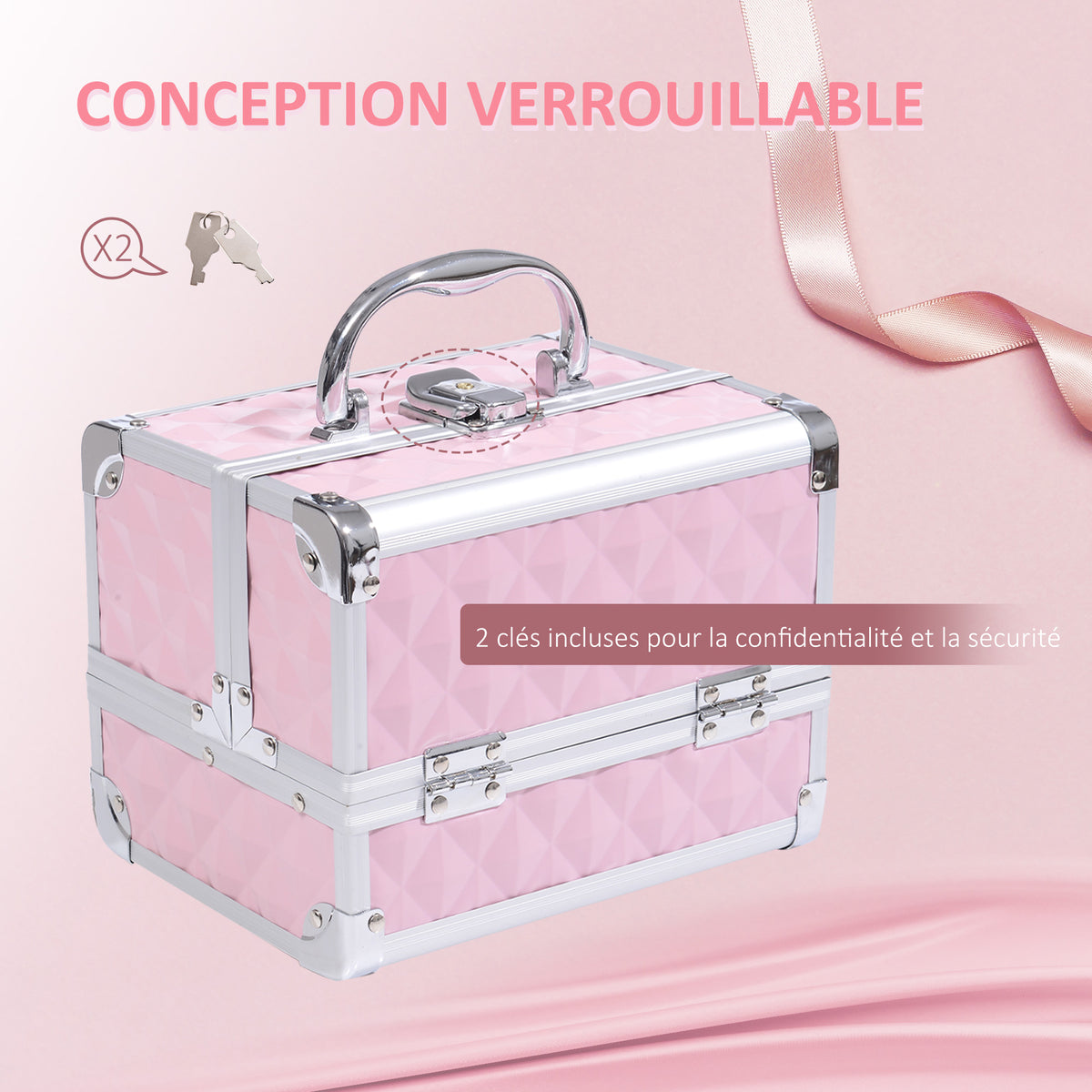 Mallette à maquillage rangement à 3 niveaux avec miroir verrouillage avec 2 clés dim. 20L x 15l x 15H cm rose-3