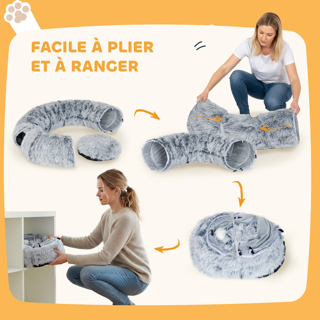 Tunnel pour Chat Intérieur avec Lit de Chat en Forme de Donut, Coussin Circulaire Lavable, 90x80x27cm, Gris Clair-7