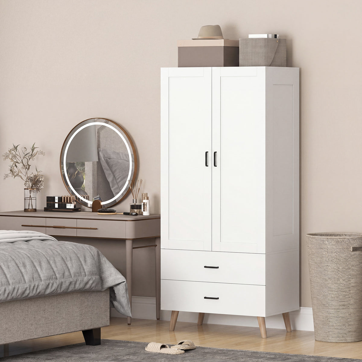 Armoire chambre penderie 2 portes à fermeture douce, 2 tiroirs et barre de suspension, 80x54x180cm, blanc-1