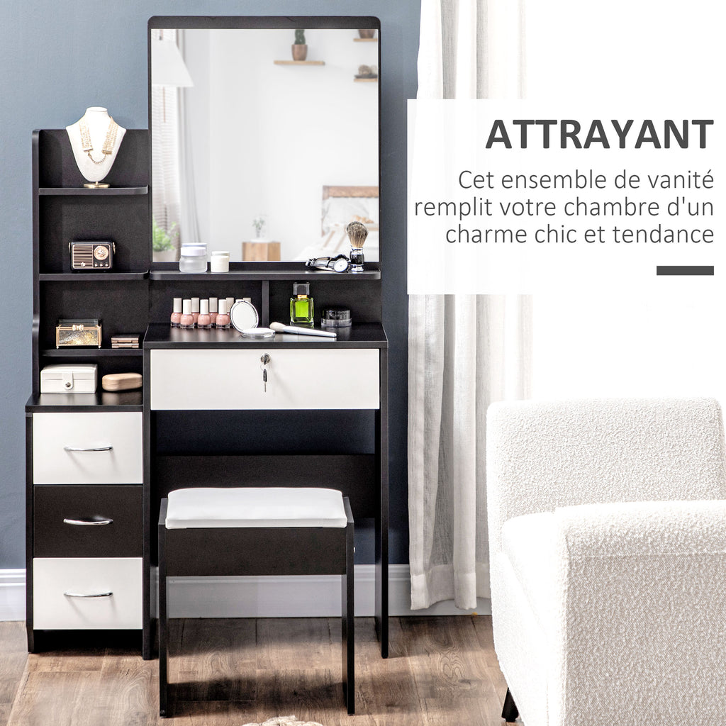Ensemble de coiffeuse table de maquillage avec tabouret rembourré grand miroir + plusieurs étagères ouvertes + 4 tiroirs blanc noir-3