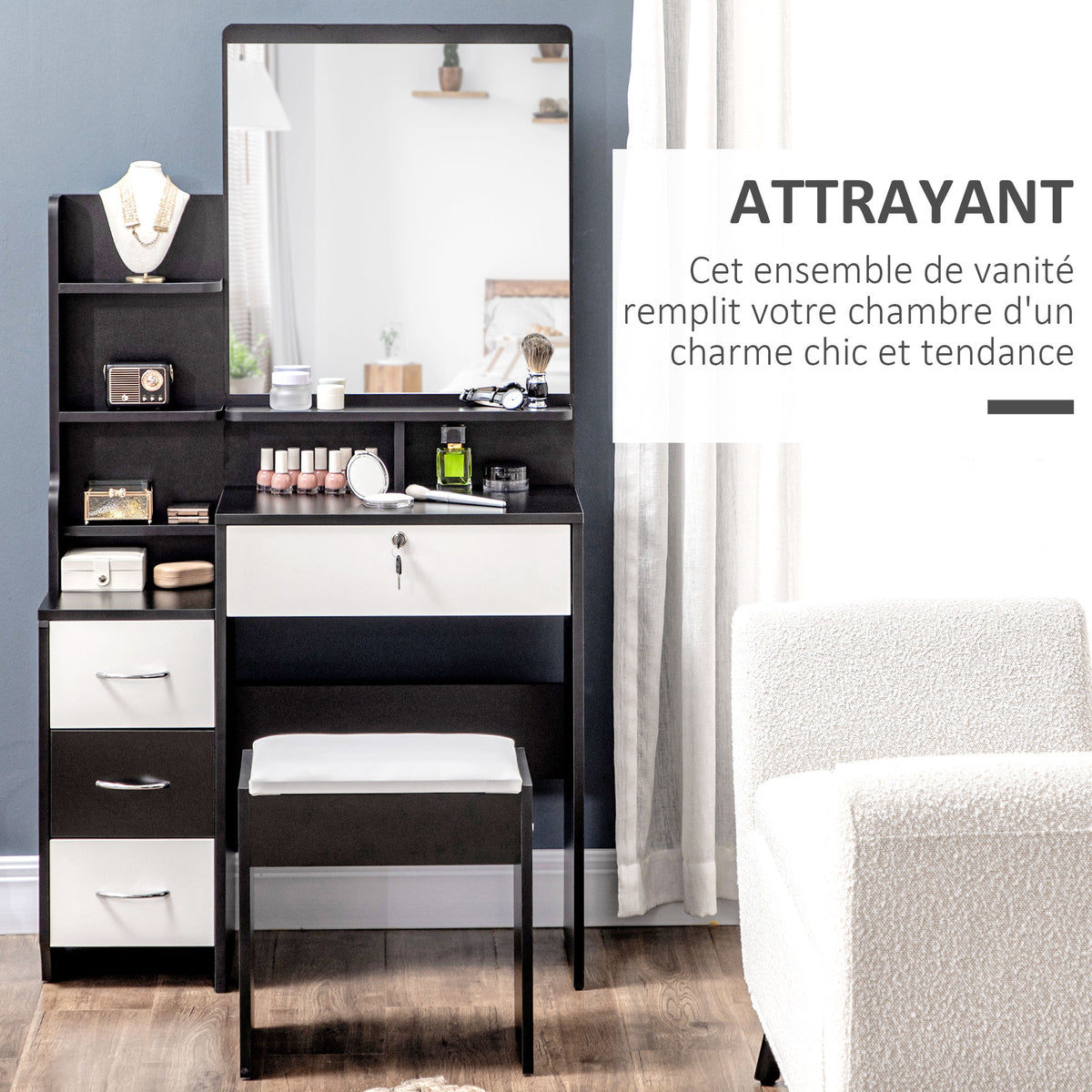 Ensemble de coiffeuse table de maquillage avec tabouret rembourré grand miroir + plusieurs étagères ouvertes + 4 tiroirs blanc noir-3