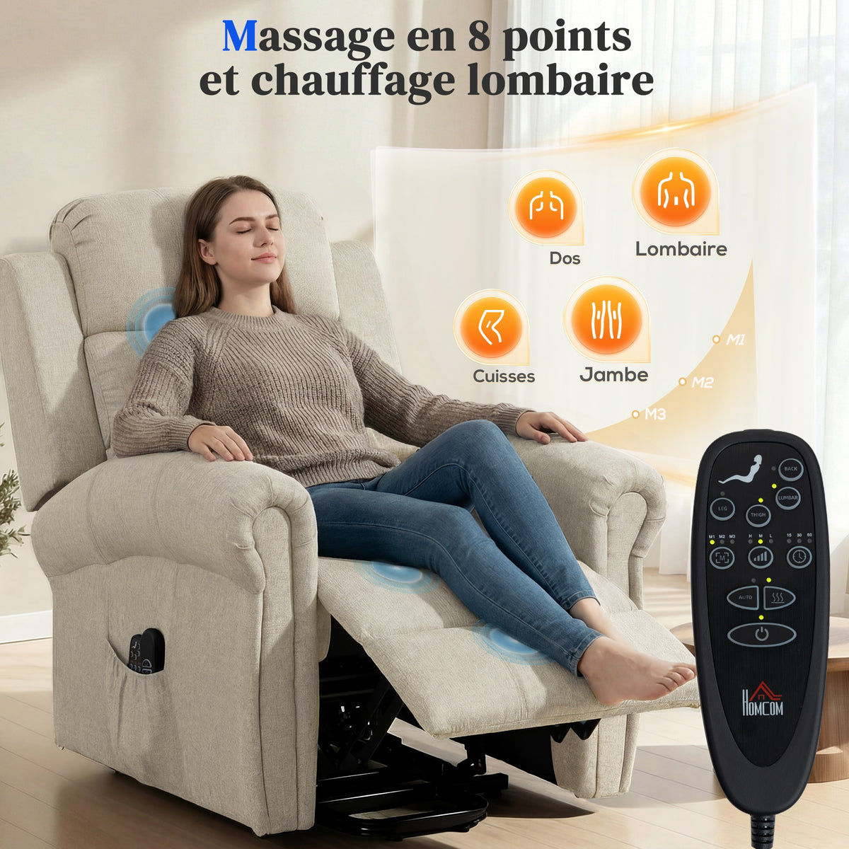 Fauteuil releveur électrique, fauteuil relax électrique avec fonction massage et chauffage, 87 x 87,5 x 108 cm, beige-4