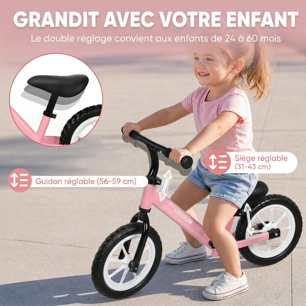 Draisienne Enfant 2-5 Ans, Roues Lumineuses, Siège Guidon Réglables, Pneus EVA Silencieux, Charge 50kg, 84x40x57cm, Rose-4
