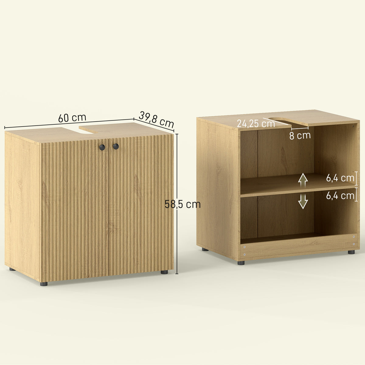 Meuble sous lavabo, meuble de salle de bain 2 portes à fermeture amortie, étagère réglable, 60x39,8x58,5cm, bois naturel-2