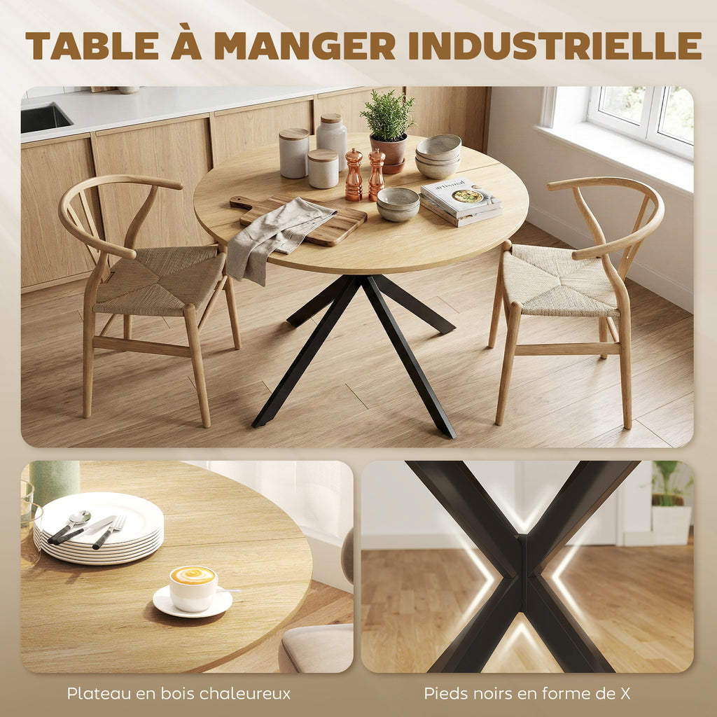 Table à Manger Ronde pour 4 Personnes 100 cm, Style Industriel avec Plateau Aspect Bois, Piètement Croisé en Acier Chêne-3