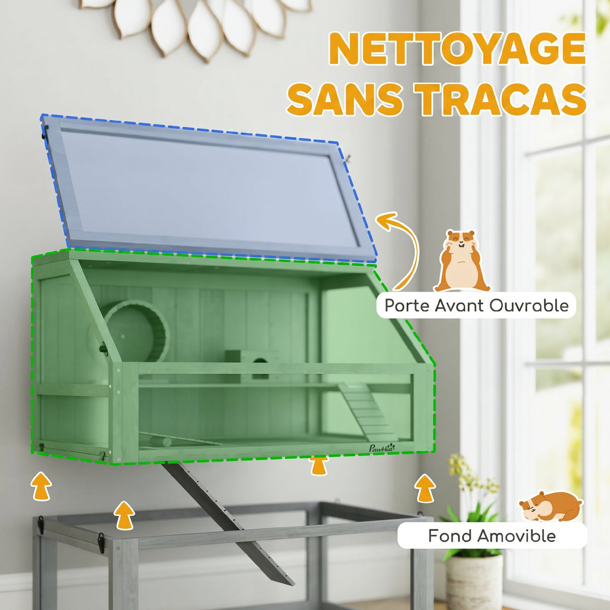 Cage Hamster Rongeur à 3 Niveaux, Base Amovible Profonde, Cabane, Balançoire, 80x50x76cm Gris Clair-5