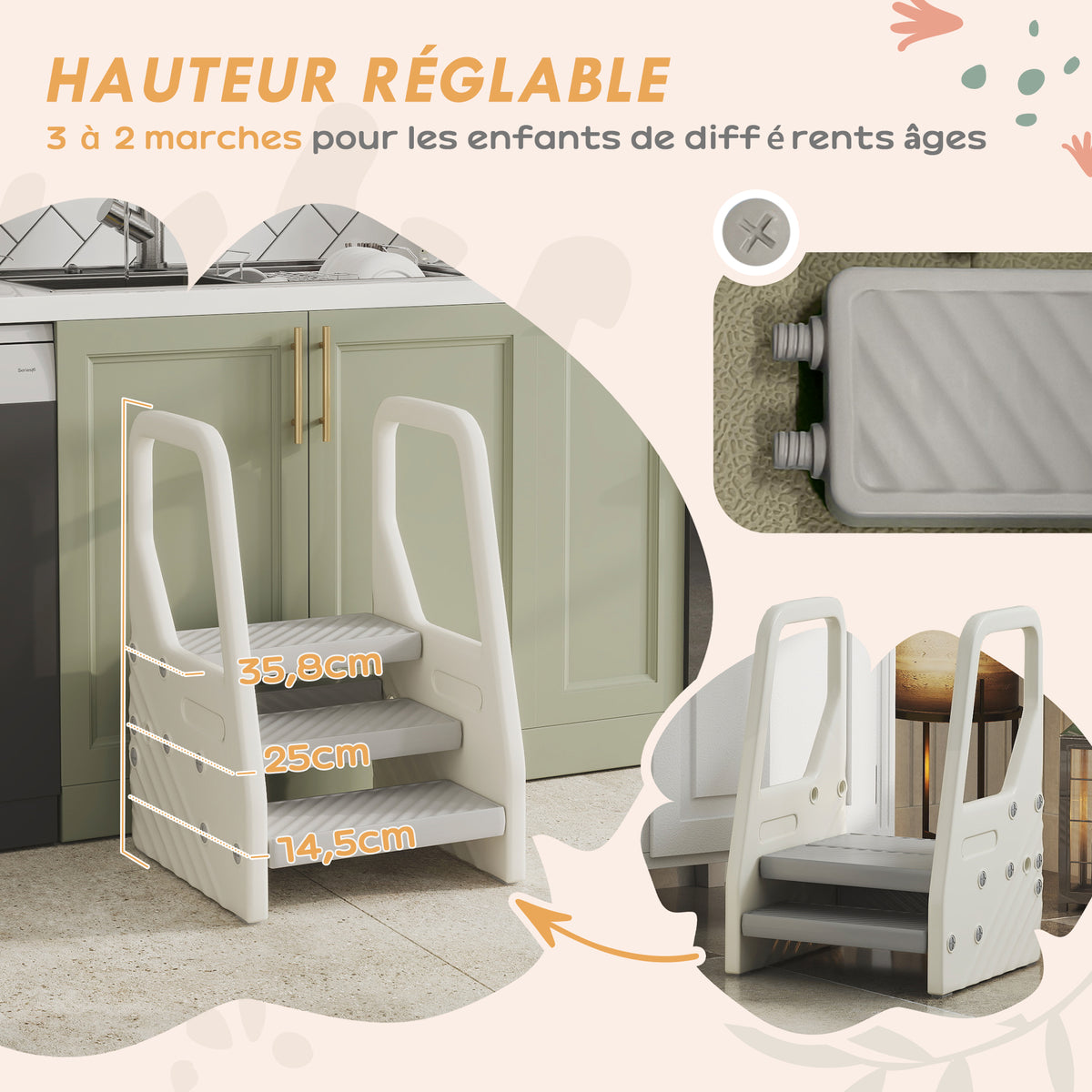 Marchepied enfant escabeau 3 marches pour enfants hauteurs réglables de 3 à 2 marches 43 x 42 x 65,5 cm gris-3