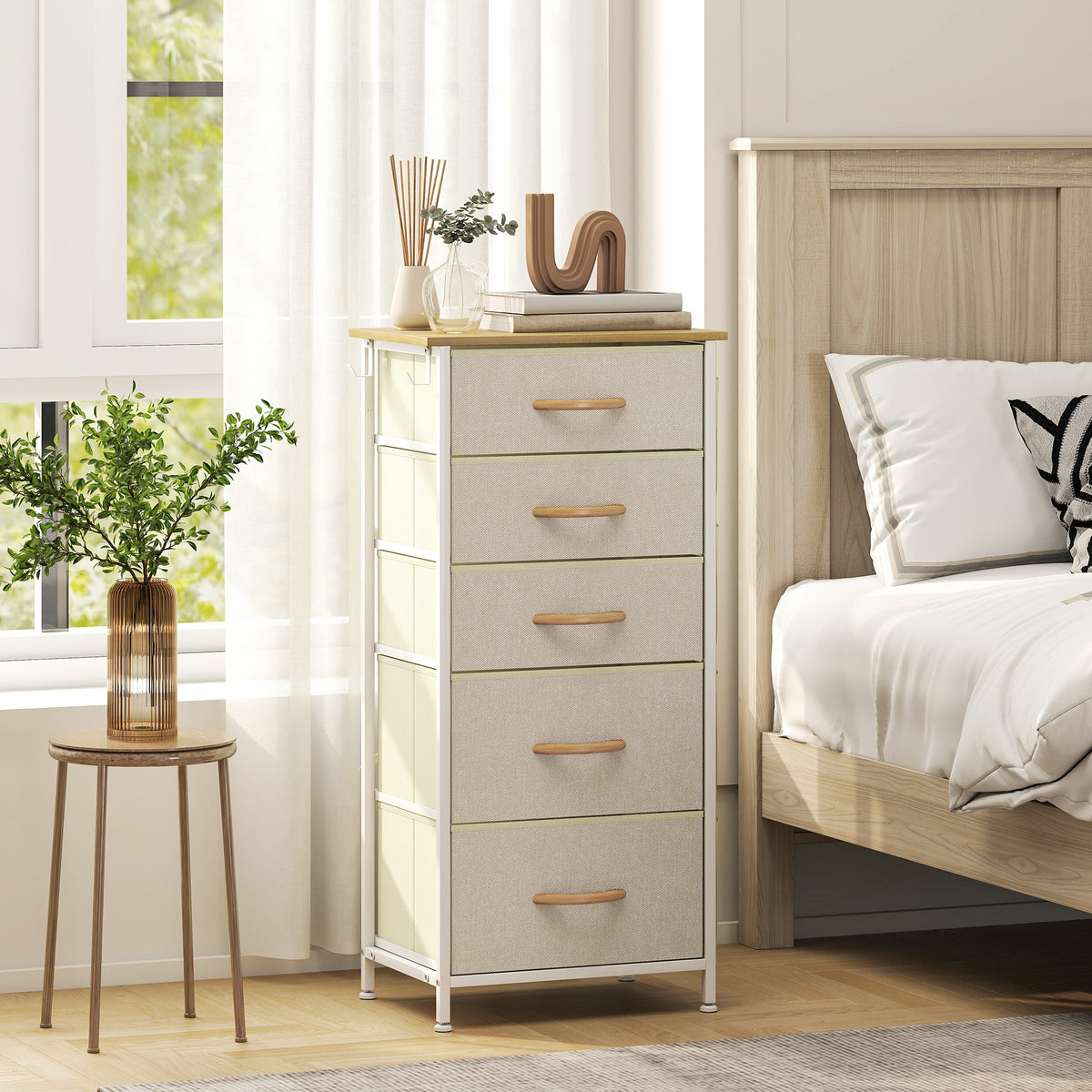 Commode 5 tiroirs en tissu, meuble de rangement avec 4 poches, 2 crochets, structure en acier, 45 x 30 x 94,5 cm, beige-1