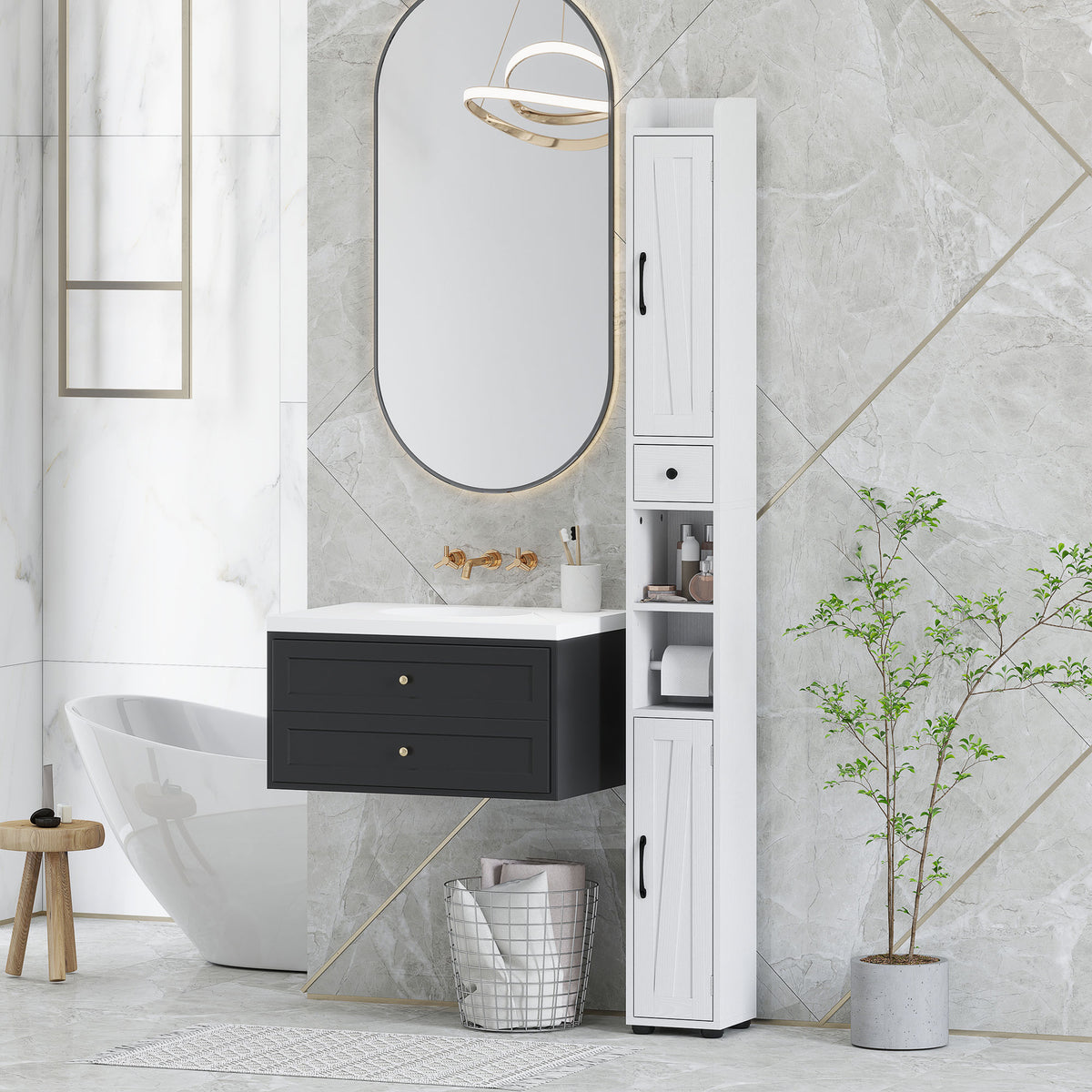 Armoire salle de bain haute, meuble de rangement colonne, 2 portes, tiroir, étagères réglables, 20x20x185cm, blanc-7