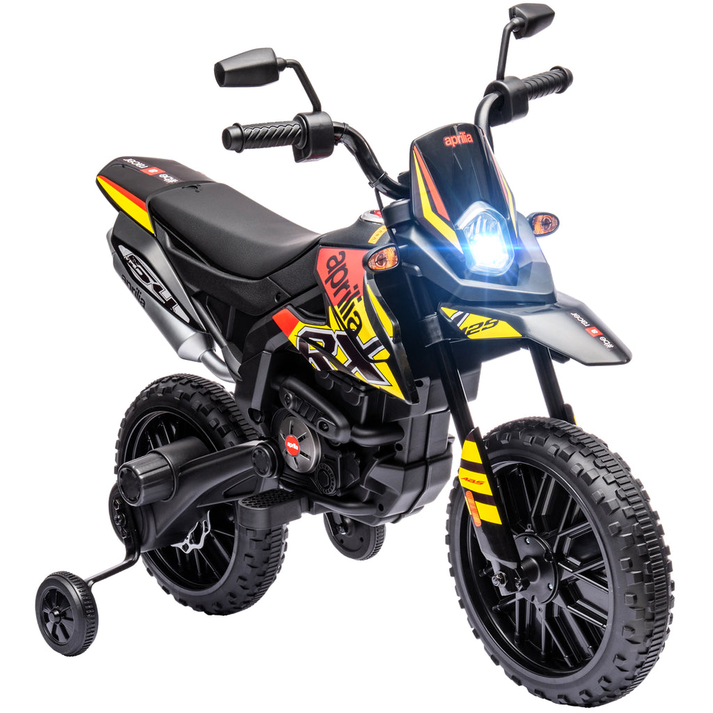 Moto électrique enfants sous licence Aprilia avec 2 moteurs 12V, roues d'entraînement, lumière LED, musique - jaune-0