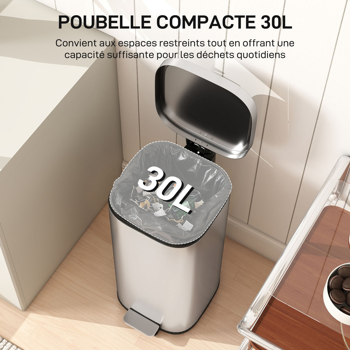Poubelle cuisine 30L, poubelle à pédale avec seau intérieur amovible, couvercle à fermeture douce, 29x36x59,5cm, argent-3