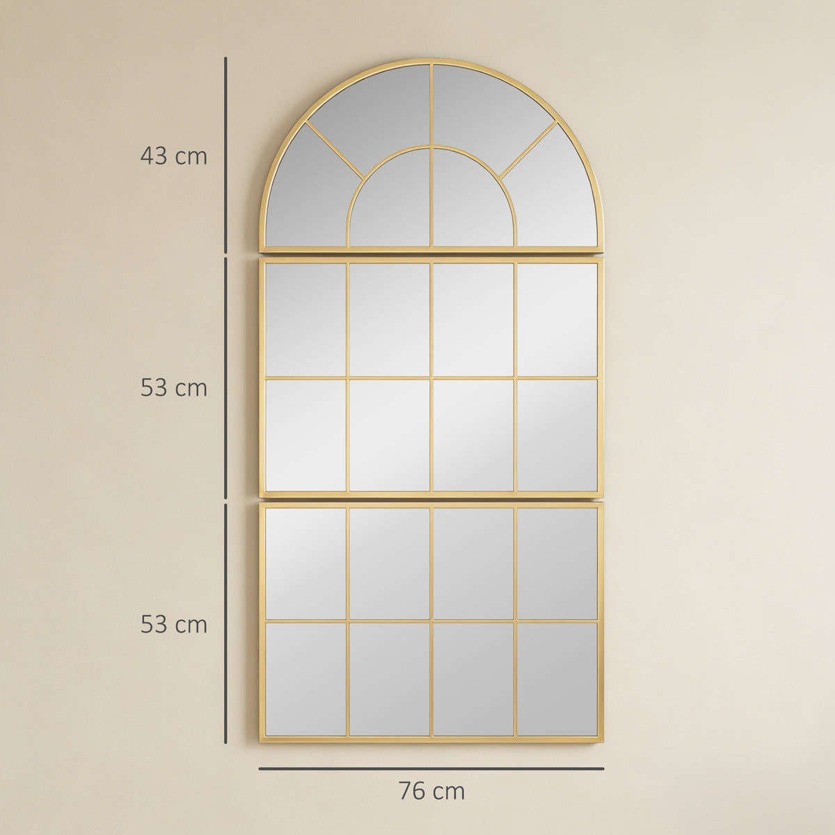 Miroir mural arqué miroir mural en forme de fenêtre ensemble de 3 pièces cadre en métal 76 x 150 cm doré-2