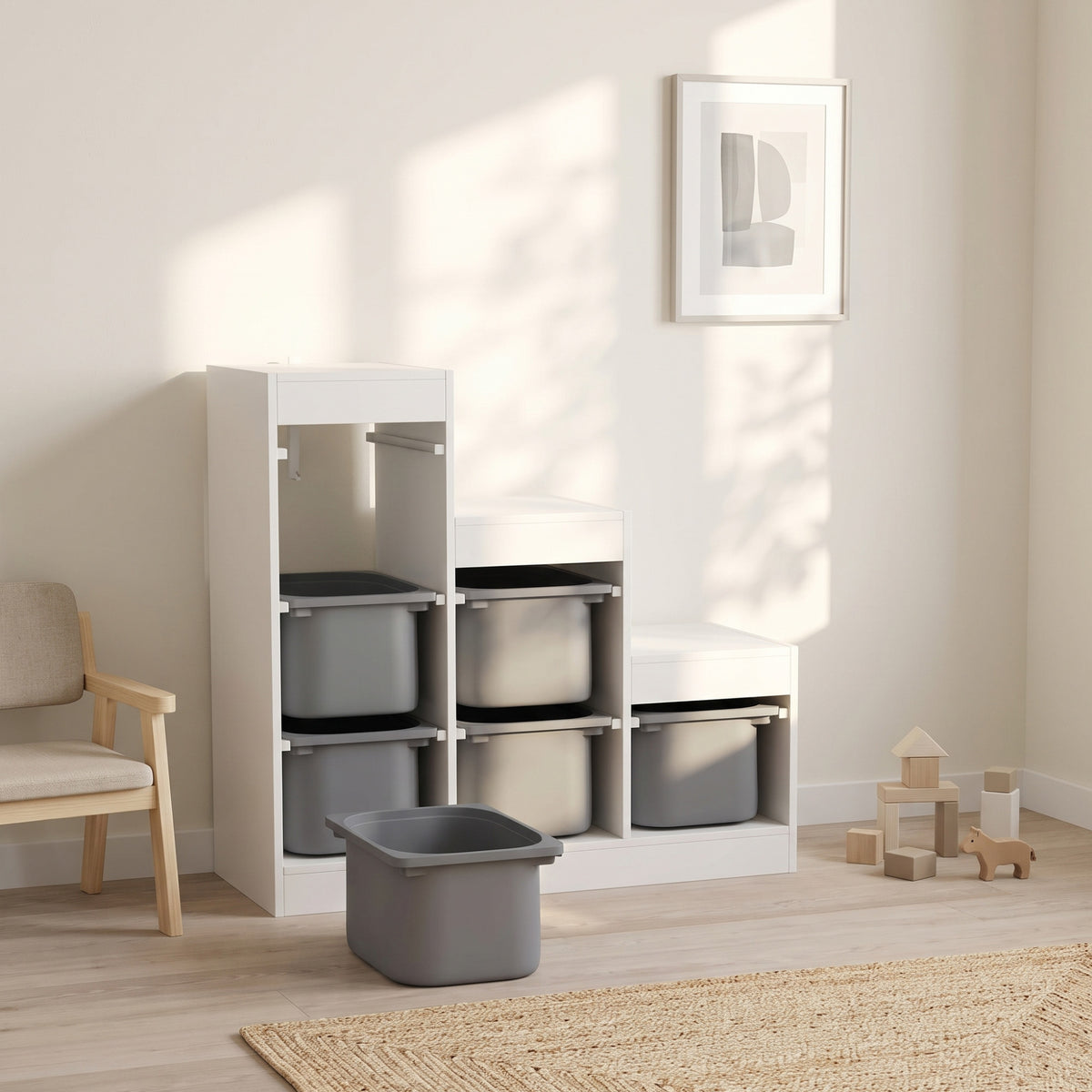 Meuble de rangement pour jouets des enfants avec 6 bacs amovibles, 3 niveaux de rangement, 96 x 38,5 x 90, gris-1