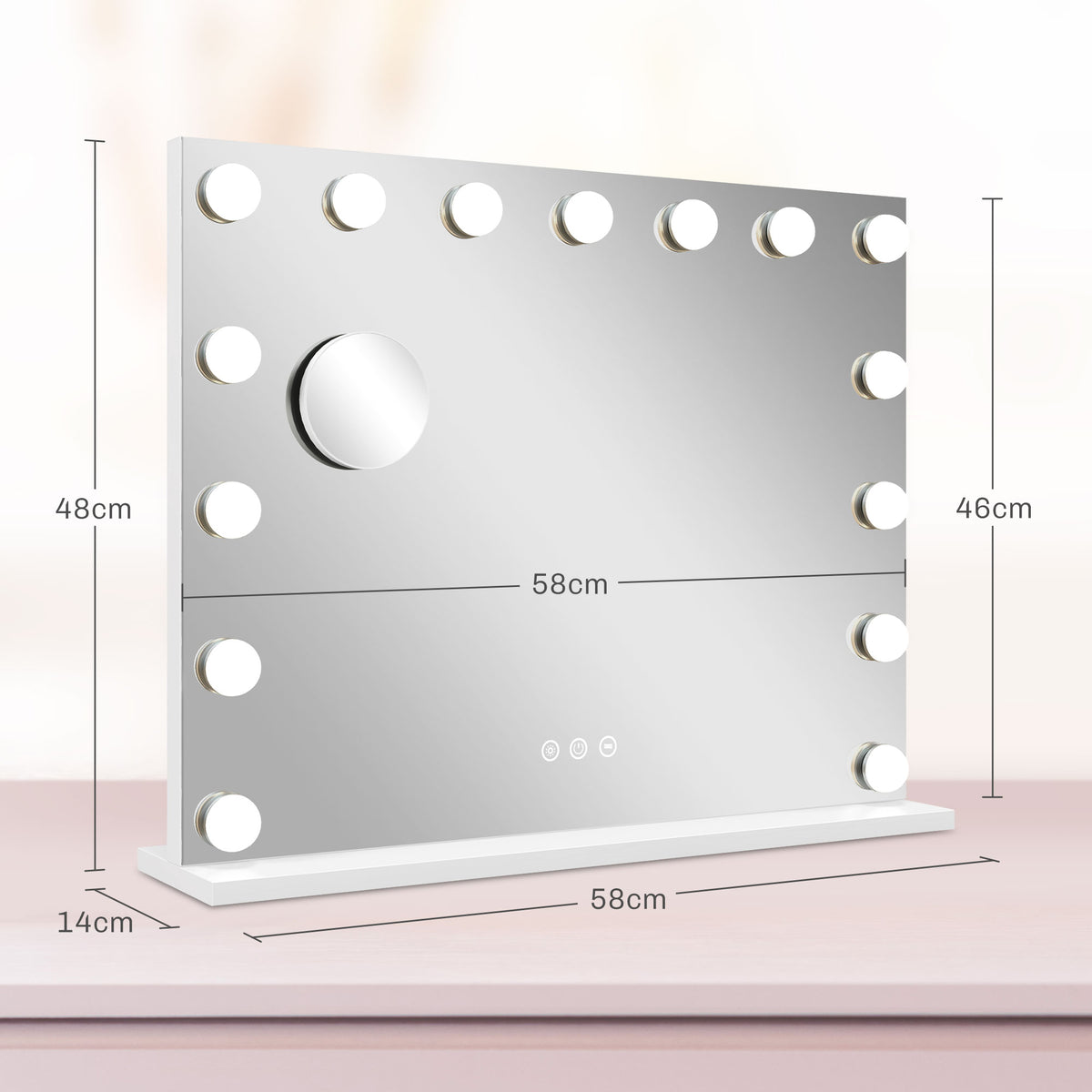 Miroir Maquillage Hollywood 58 x 48 cm, Miroir Coiffeuse LED, 15 Ampoules, 3 Modes d'Éclairage, Port USB de Charge-2