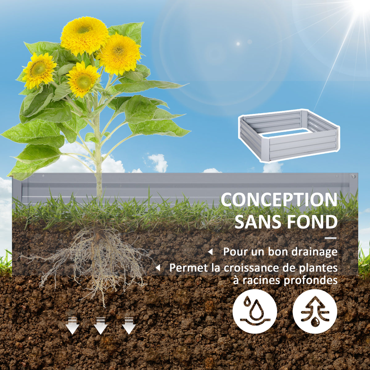 Lot de 2 carré potager de jardin dim. 100L x 100l x 30H cm - tôle d'acier ondulée gris-4