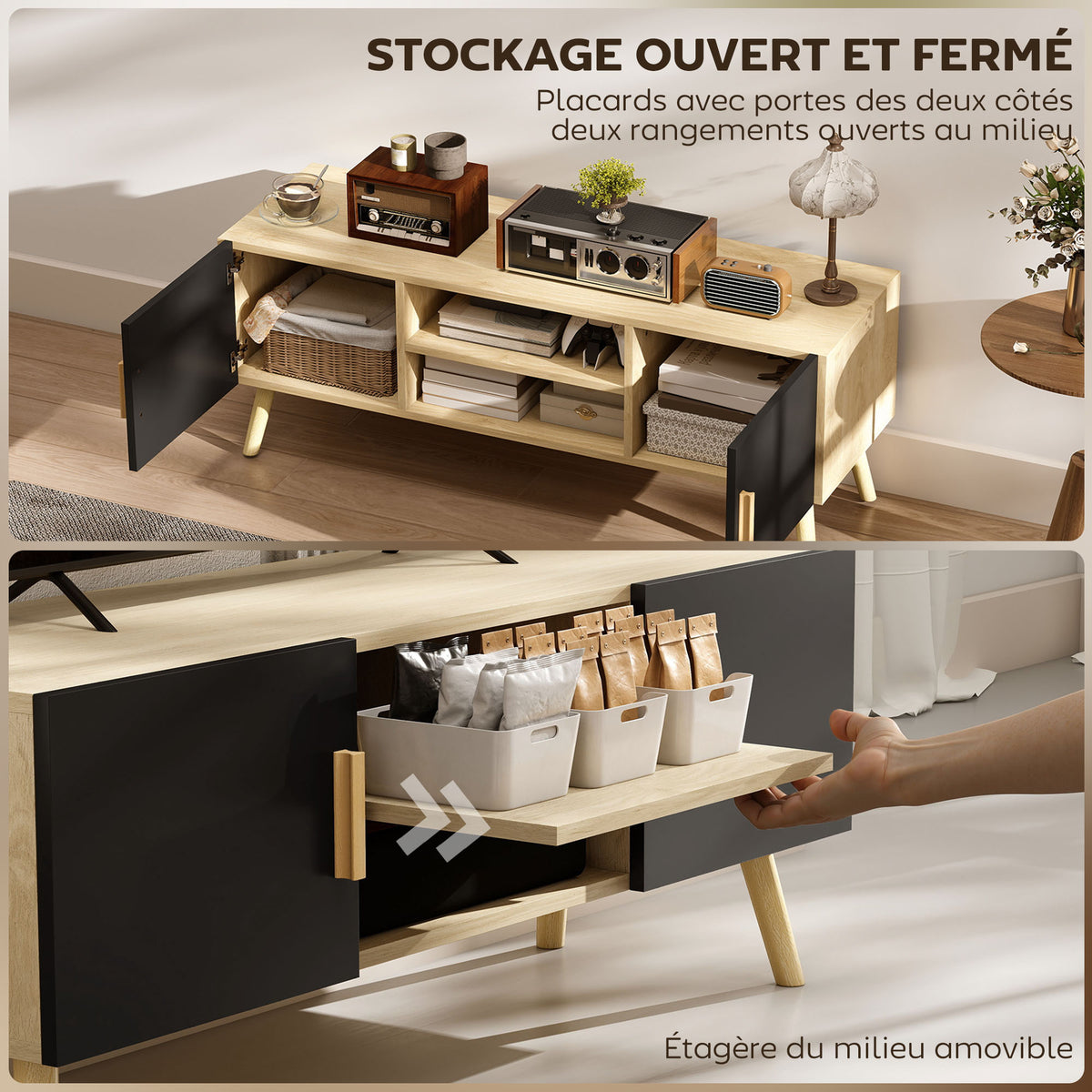 Meuble TV meuble télé bois banc TV jusqu'à 50 pouces avec étagères, 2 placards et passe-câbles, chêne-3