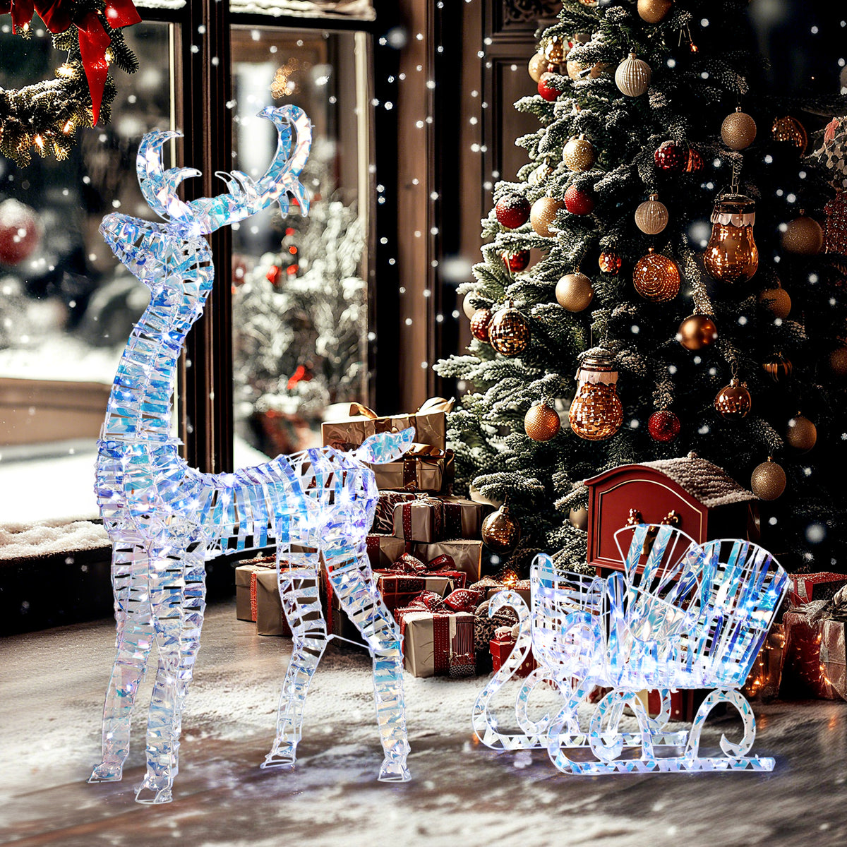 Renne et traîneau lumineux de Noël avec 170 LED blanc chaud, décoration de Noël pour intérieur et extérieur, 60x29x115cm-1