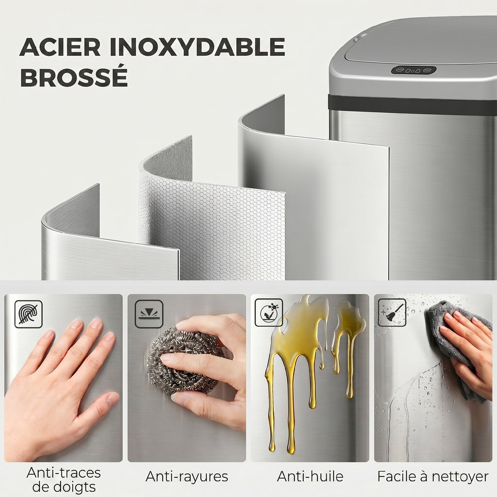 Poubelle de cuisine automatique 48L en acier inoxydable, couvercle à fermeture en douceur, 33x25x69cm, argent-4
