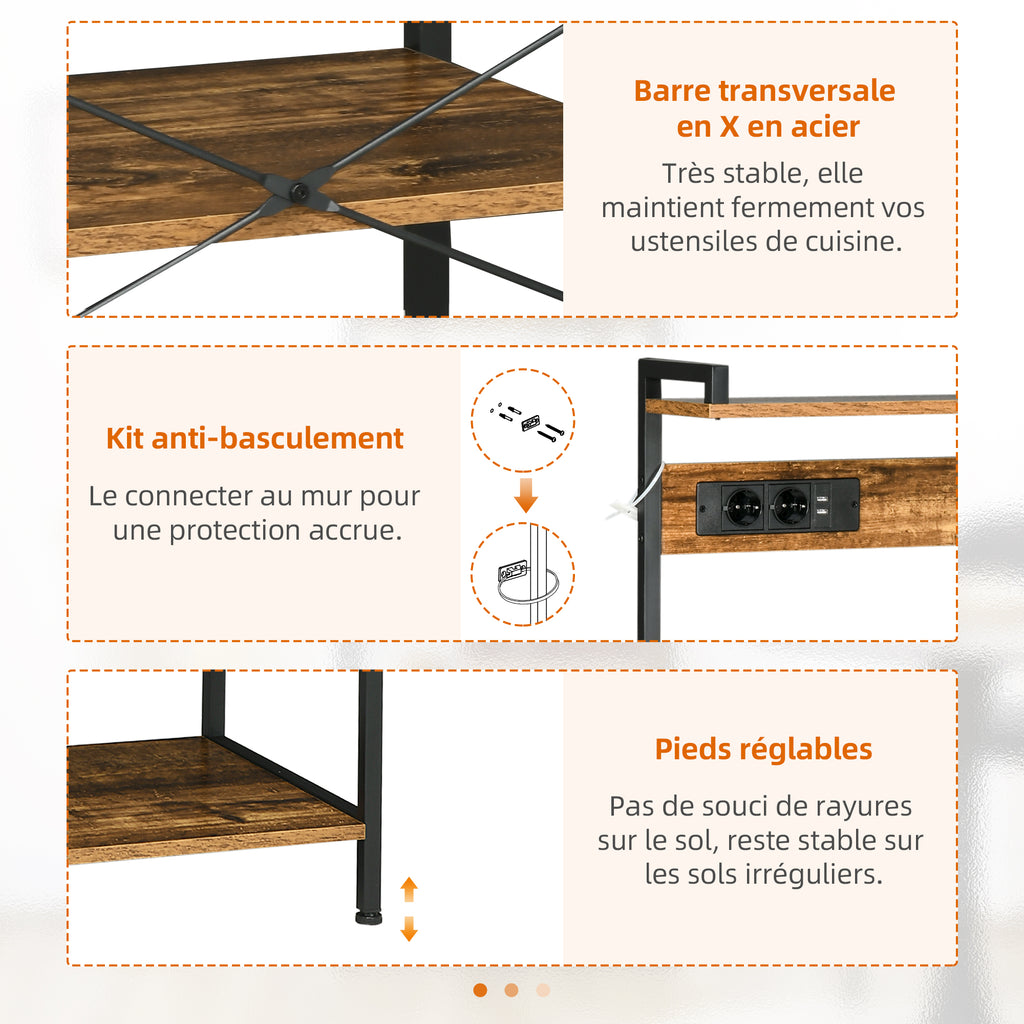 Meuble de cuisine avec prises intégrées pour micro-ondes avec étagères, style industriel, 90x42x130cm, marron-6