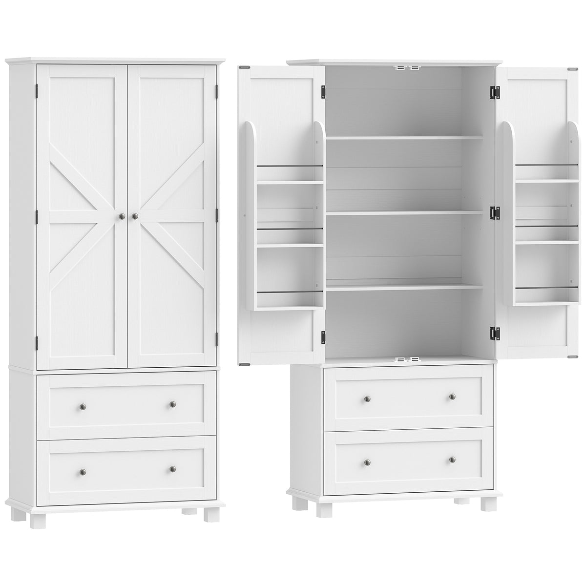 Buffet haut cuisine, armoire de cuisine 2 portes, 2 tiroirs, 6 porte-racks, étagères réglables, 80x39,5x184,5cm, blanc-0