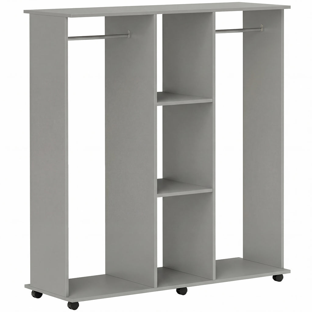 Armoire penderie meuble de rangement mobile 6 roulettes 120 x 40 x 128 cm en bois gris-0