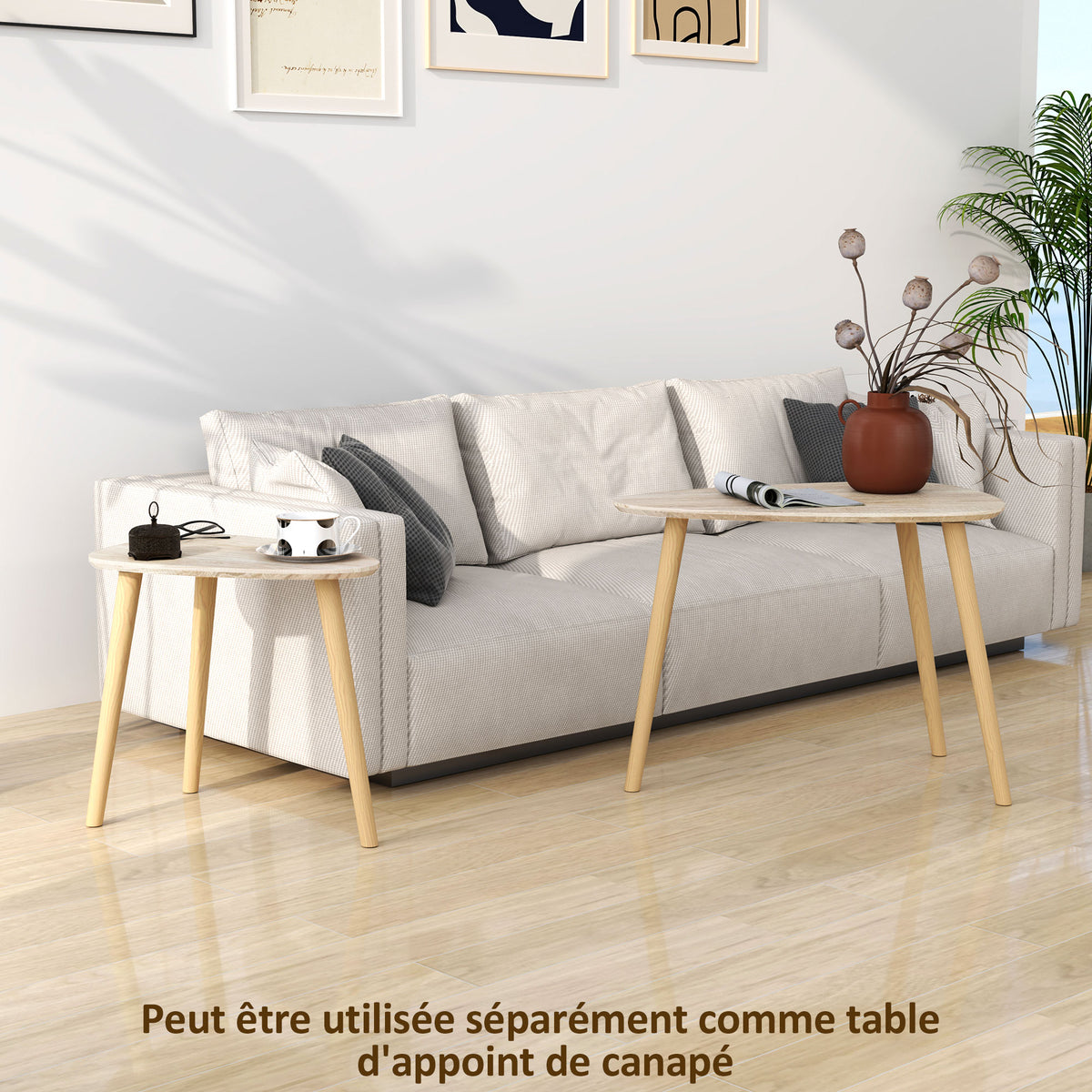 Lot de 2 tables basses gigognes design scandinave pieds en bois et plateau en bois, aspect naturel-5