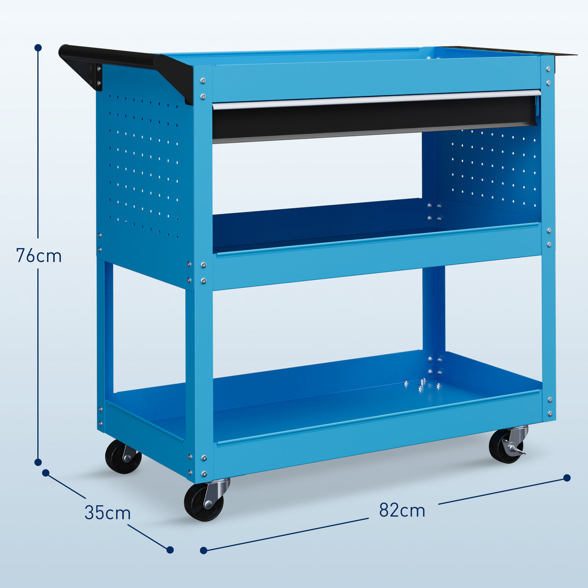 Chariot d'atelier servante atelier à 3 niveaux avec tiroir, porte-outils latéral et poignée, 82x35x76 cm, bleu-2
