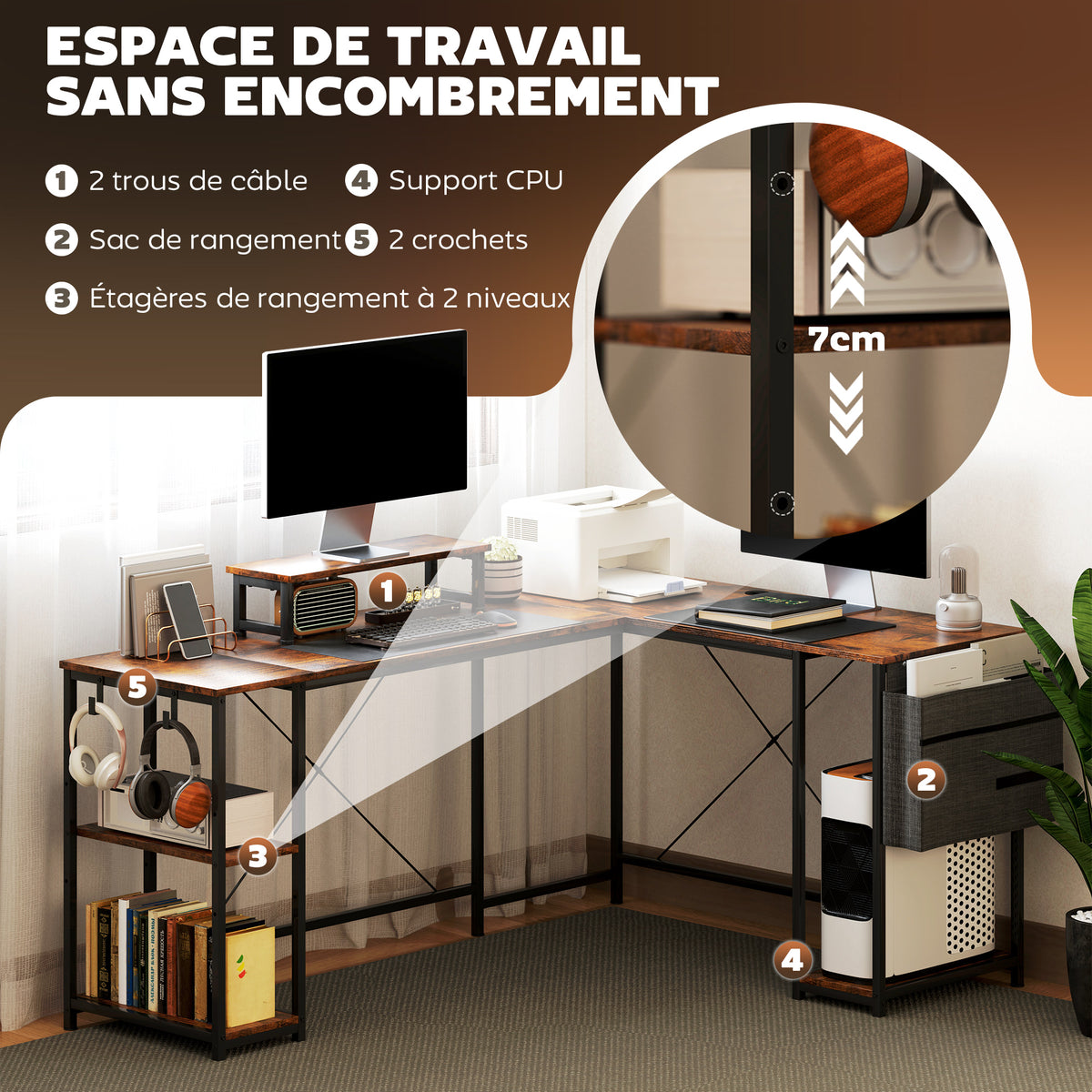 Bureau d'angle réversible, 168-240 cm, bureau d'ordinateur avec étagère réglable, support d'écran, brun rustique-3